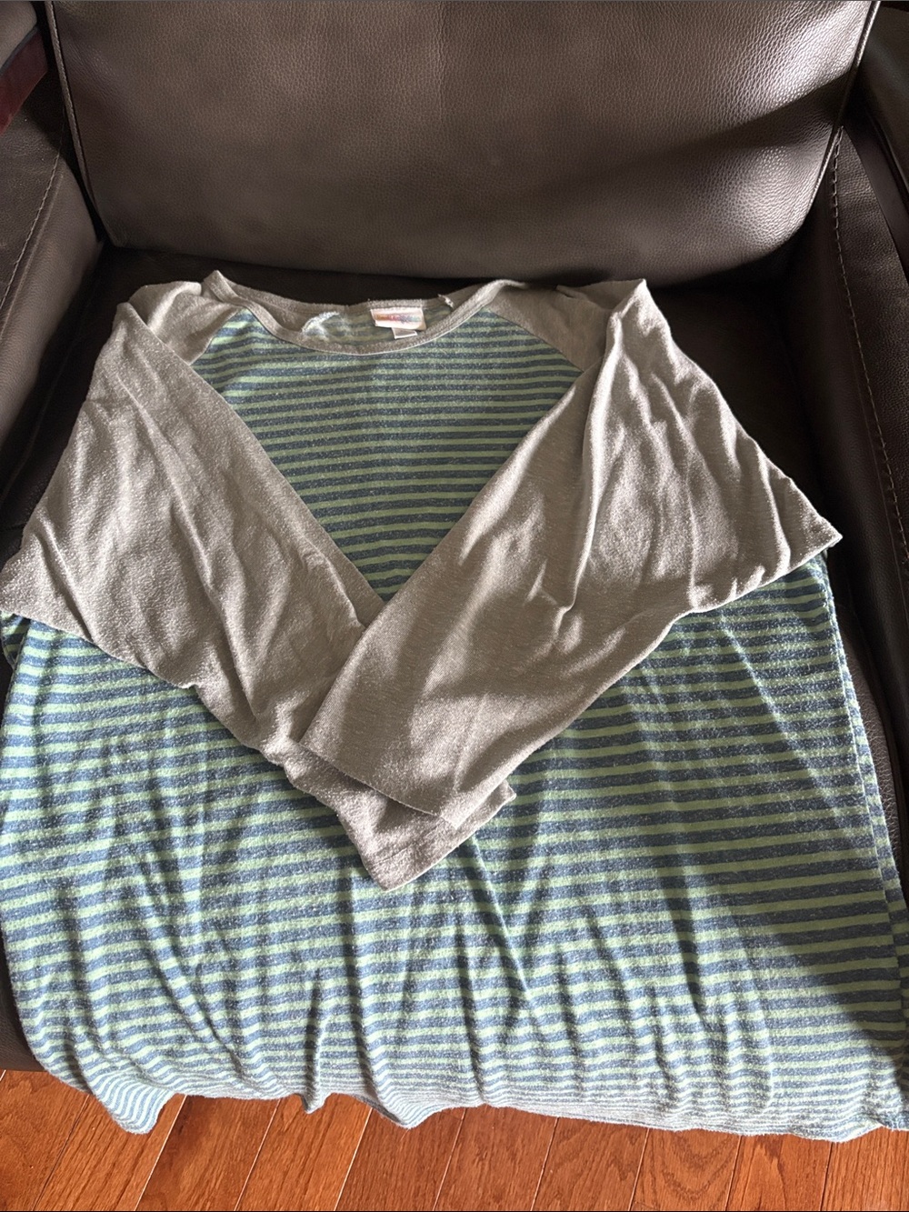 LuLaRoe Striped Green and Gray Raglan Top